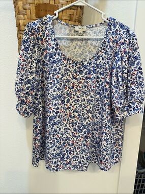 CeCe White Floral Scoop-Neck Puff Sleeve Blouse